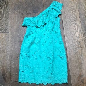 Eliza J turquoise spring one shoulder eyelet dress
